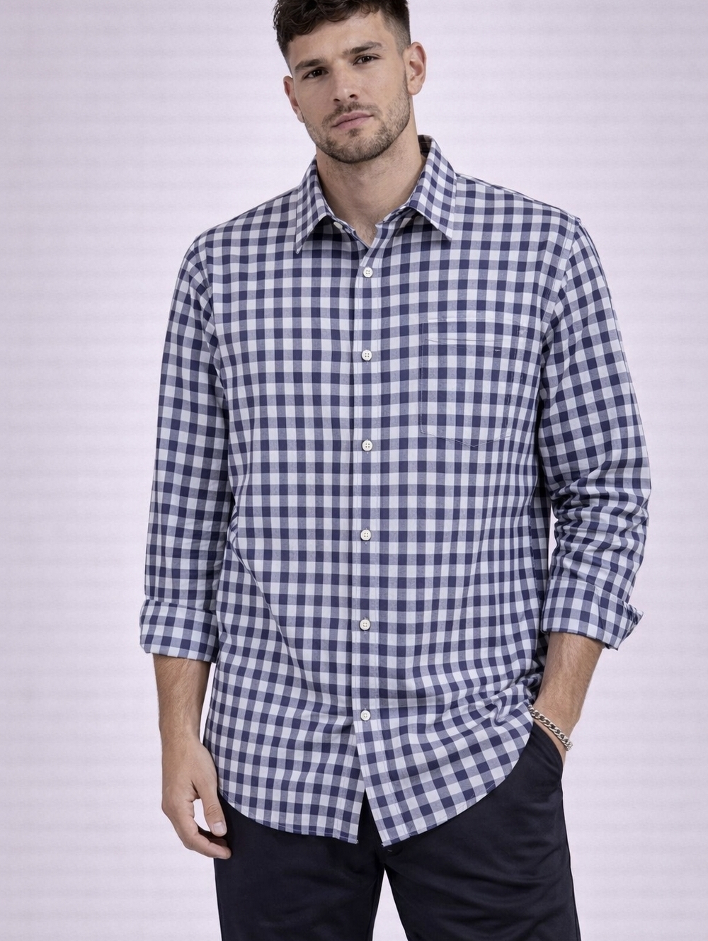 Thomas Dean Men's XL Blue Check Performance Stretch Button Front Shirt